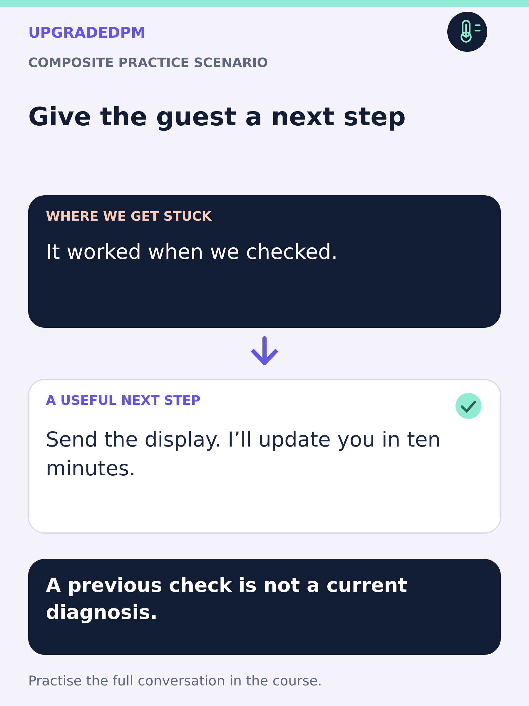 A visual reply clinic replaces an old heating check with a useful current question and a clear update.