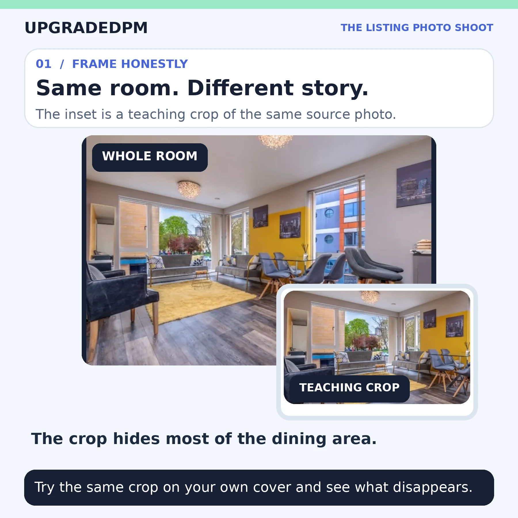 A real living room shown in a full view and a tighter teaching crop of the same photograph