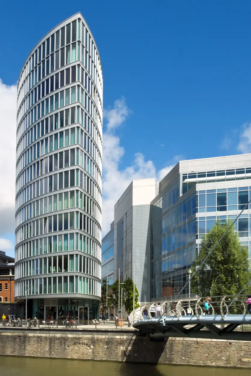A modern office tower on the Bristol harbourside near the business district
