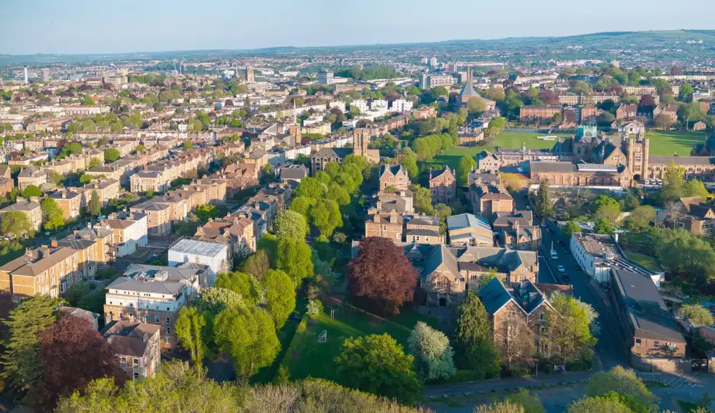 Aerial view of Bristol showing Clifton and Redland areas with Georgian architecture for property investment opportunities