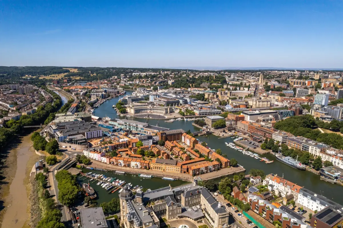 Aerial view of Southville rooftops and the Bristol skyline