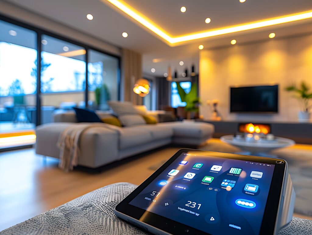 Smart home control tablet on a coffee table in a warm living room